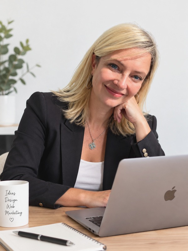 Die Webdesignerin sitzt am Schreibtisch und arbeitet am Macbook